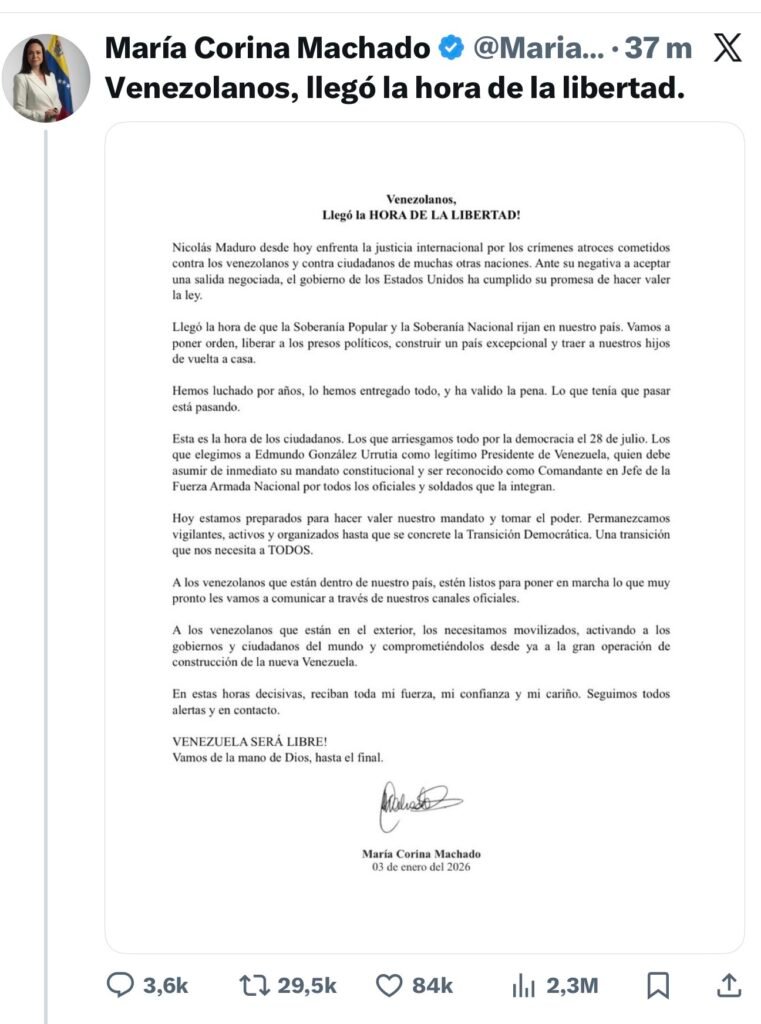 Comunicado de Maria Corina sobre la detención de Maduro