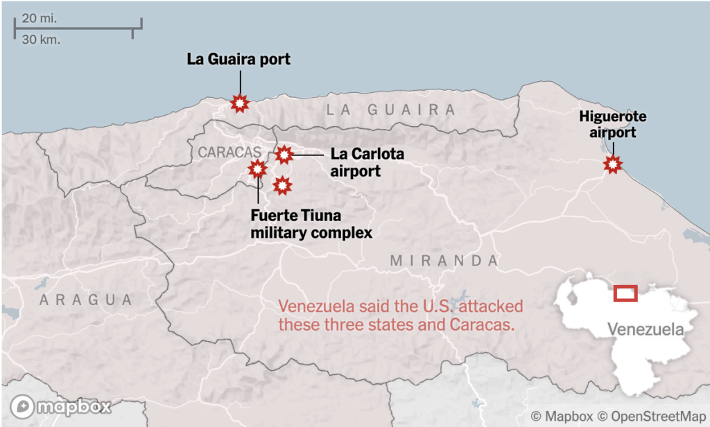 Mapa del operativo estadounidense en Venezuela
