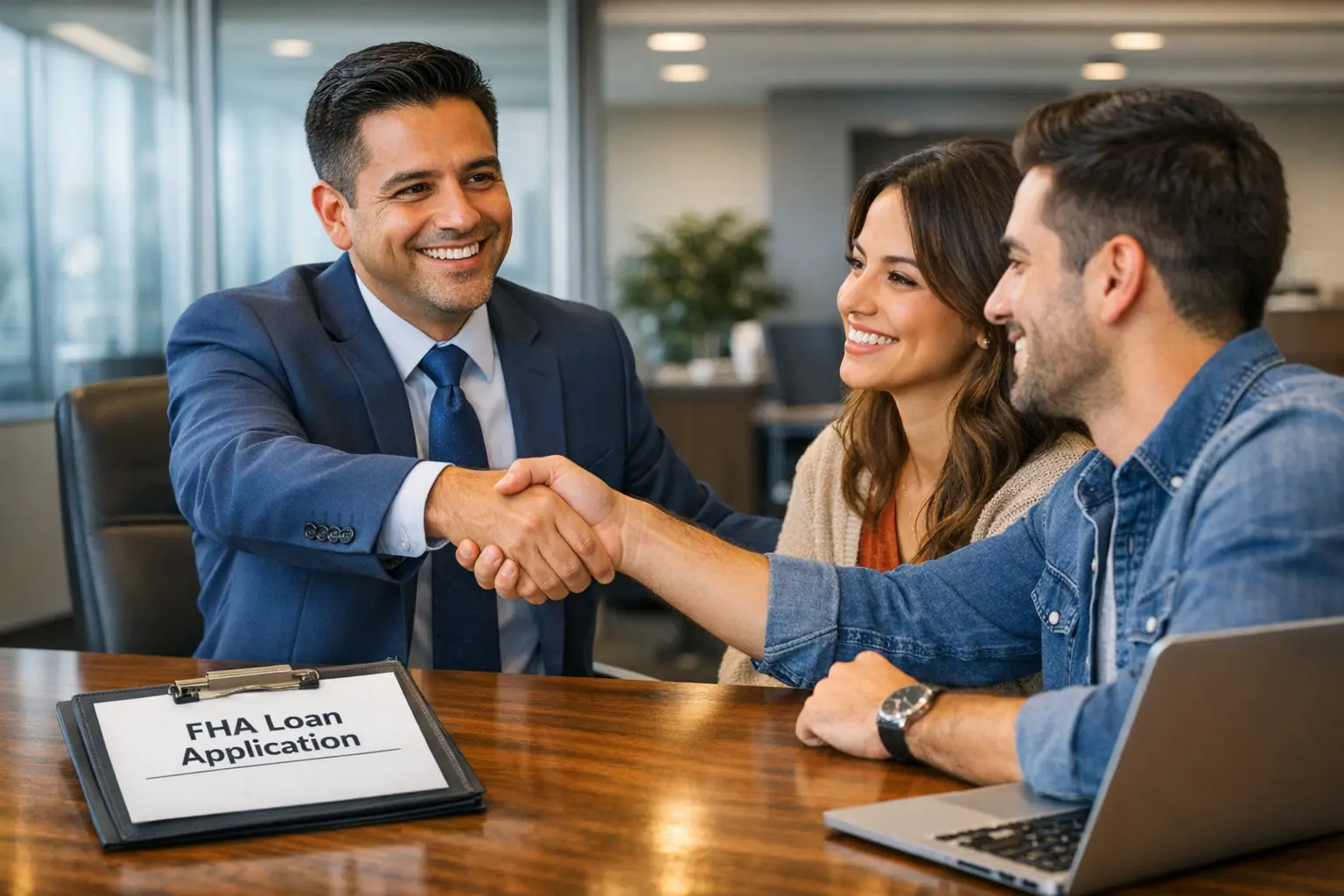 Asesor financiero explicando los requisitos de crédito y finanzas para una hipoteca FHA en un banco