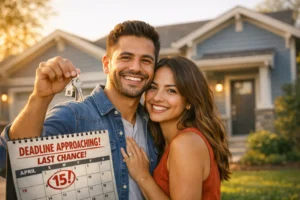 Pareja latina celebrando la compra de su primera casa en USA con un préstamo hipotecario FHA