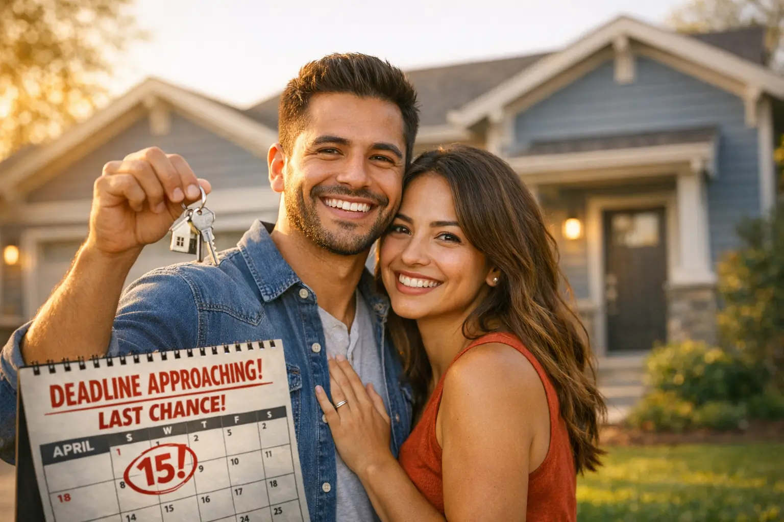 Pareja latina celebrando la compra de su primera casa en USA con un préstamo hipotecario FHA