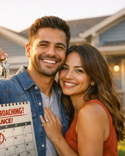Pareja latina celebrando la compra de su primera casa en USA con un préstamo hipotecario FHA